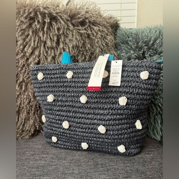 Talbots Navy Blue w/White Dots Raffia Shoulder Bag - Picture 1 of 13